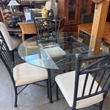 Glass Dining Table w 4 Metal w Upholstered Seat Chairs