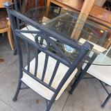 Glass Dining Table w 4 Metal w Upholstered Seat Chairs