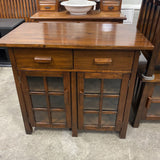 Wood Console Table with 2 drawers, 3 Shelves & Glass Doors