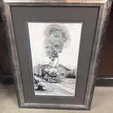 Mixed Media - vintage Locomotive Print w Embroidery Overlay of Steam