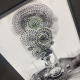 Mixed Media - vintage Locomotive Print w Embroidery Overlay of Steam