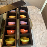 Set of 5 Ceramic Bowls in Wood Shelf/Box