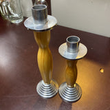 Set of Two Wood & Metal Candle Sticks