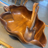 Monkey-POD Wood Leaf Bowl w Salad Tongs