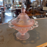 Depression Glass Covered Candy Dish w Lace Edge
