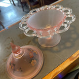 Depression Glass Covered Candy Dish w Lace Edge