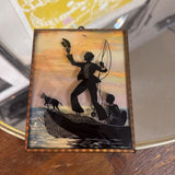 Vtg Rounded Glass Reverse-Painted Fisherman in Boat Silhouette