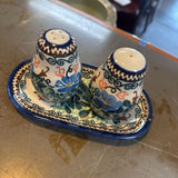 Polish Pottery Unikat Salt & Pepper w Tray