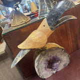 Hand Carved Stone Toucan Sculpture Perched on Nat. Amethyst Crystal Geode