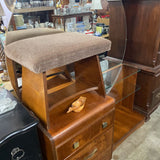 Vintage Wooden Vanity w/Round Mirror & Upholstered Bench