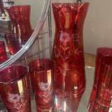 Vtg Federal Cranberry Etched Pitcher + 6 Glasses