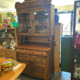 2 Piece Oak Hutch w Drawers, Doors U Glass Top