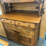 2 Piece Oak Hutch w Drawers, Doors U Glass Top
