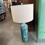 Textured Teal Ceramic Lamp - w Linen Drum Base
