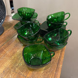 Vintage Anchor Hocking Emerald Cups & Saucers- Set of 9
