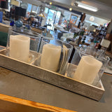 Battery Candles in Wood Tray w Glass