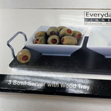 Everyday White Wood Tray w/3 Serving Bowls Set