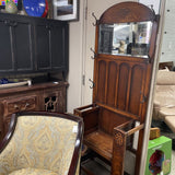 Antique Arts&Crafts Wood Hall Tree w/Embossed Design, Coat Hooks and 2 Umbrella Trays