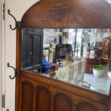 Antique Arts&Crafts Wood Hall Tree w/Embossed Design, Coat Hooks and 2 Umbrella Trays