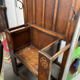 Antique Arts&Crafts Wood Hall Tree w/Embossed Design, Coat Hooks and 2 Umbrella Trays