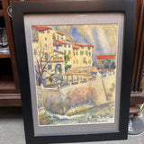 1929 Framed Watercolor French Hillside Village