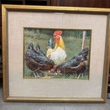 Rooster and Hens Pastoral Watercolor w Gilded Frame