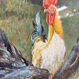 Rooster and Hens Pastoral Watercolor w Gilded Frame
