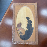 Vintage Marquetry Wood Plaque w Figure and Cactus