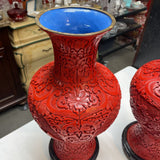 Vintage Chinese Cinnabar Carved Vases (Pair) w/Stands