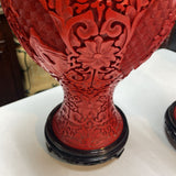 Vintage Chinese Cinnabar Carved Vases (Pair) w/Stands