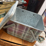 Vintage Plaid Metal Picnic Basket